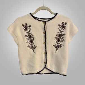Embroidered Button Down Sweater - White and Brown
